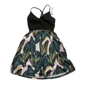 Laishen Spaghetti Strap Crossover V-Neck Black w/ Tropical Leaves Pockets Size S